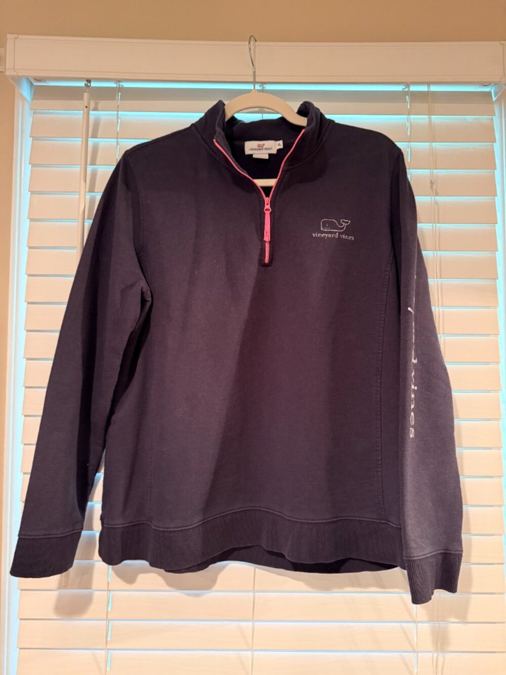 Vineyard Vines Navy Shep Shirt 1/4 Zip Pullover Sweatshirt Pink Trim Women's XL - Picture 2 of 3